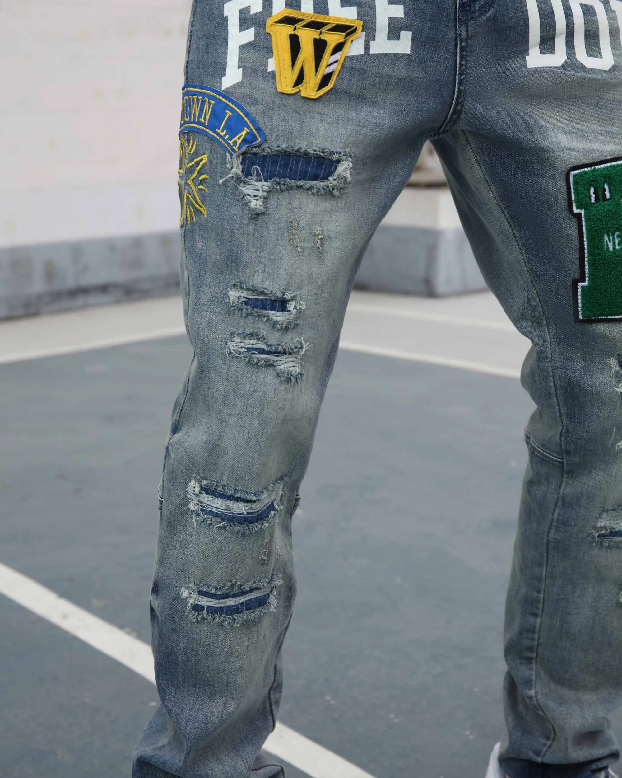 Ripped Blue Washed Edgy Jeans with Patchwork-Mexico Local Delivery