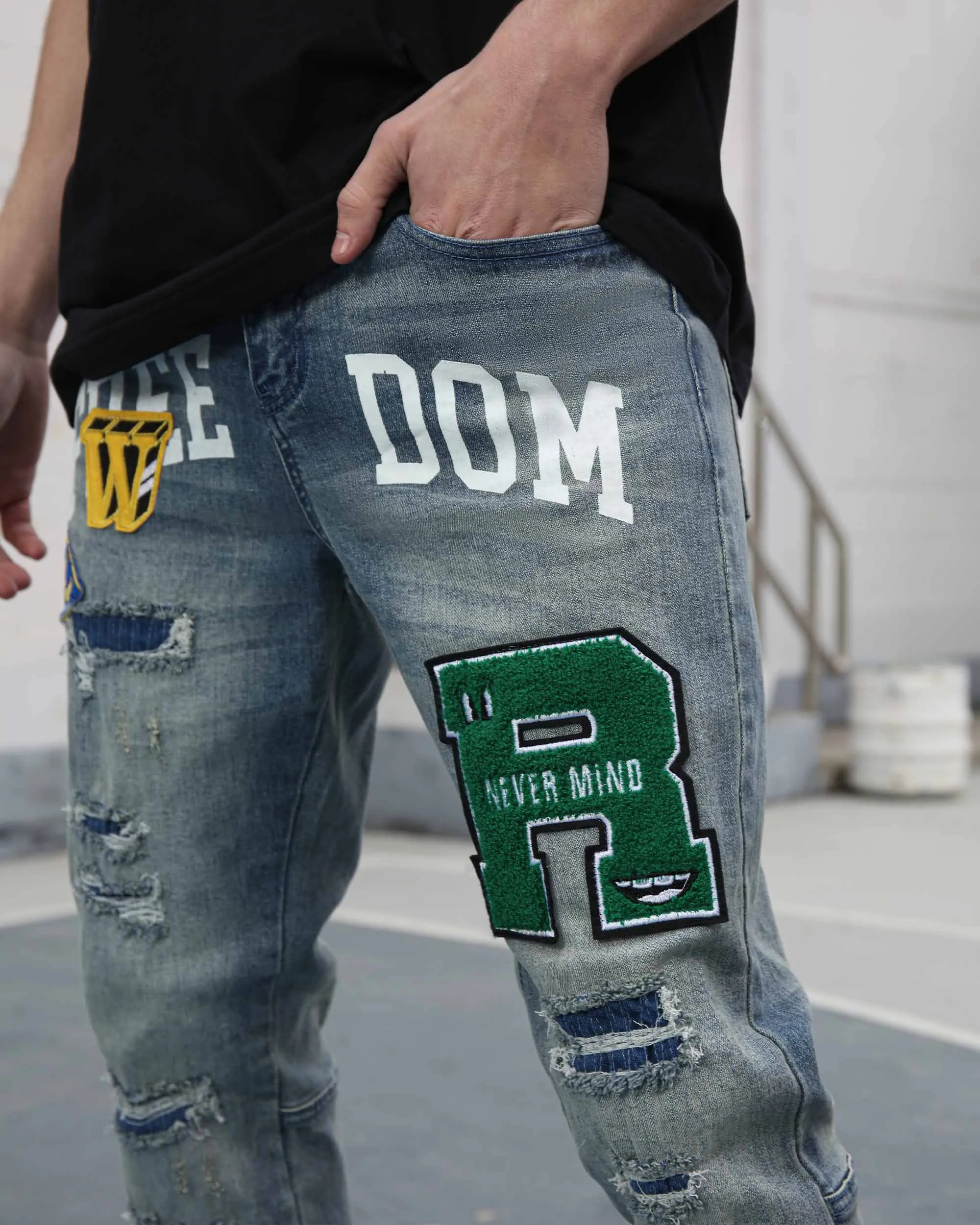 Ripped Blue Washed Edgy Jeans with Patchwork-Mexico Local Delivery