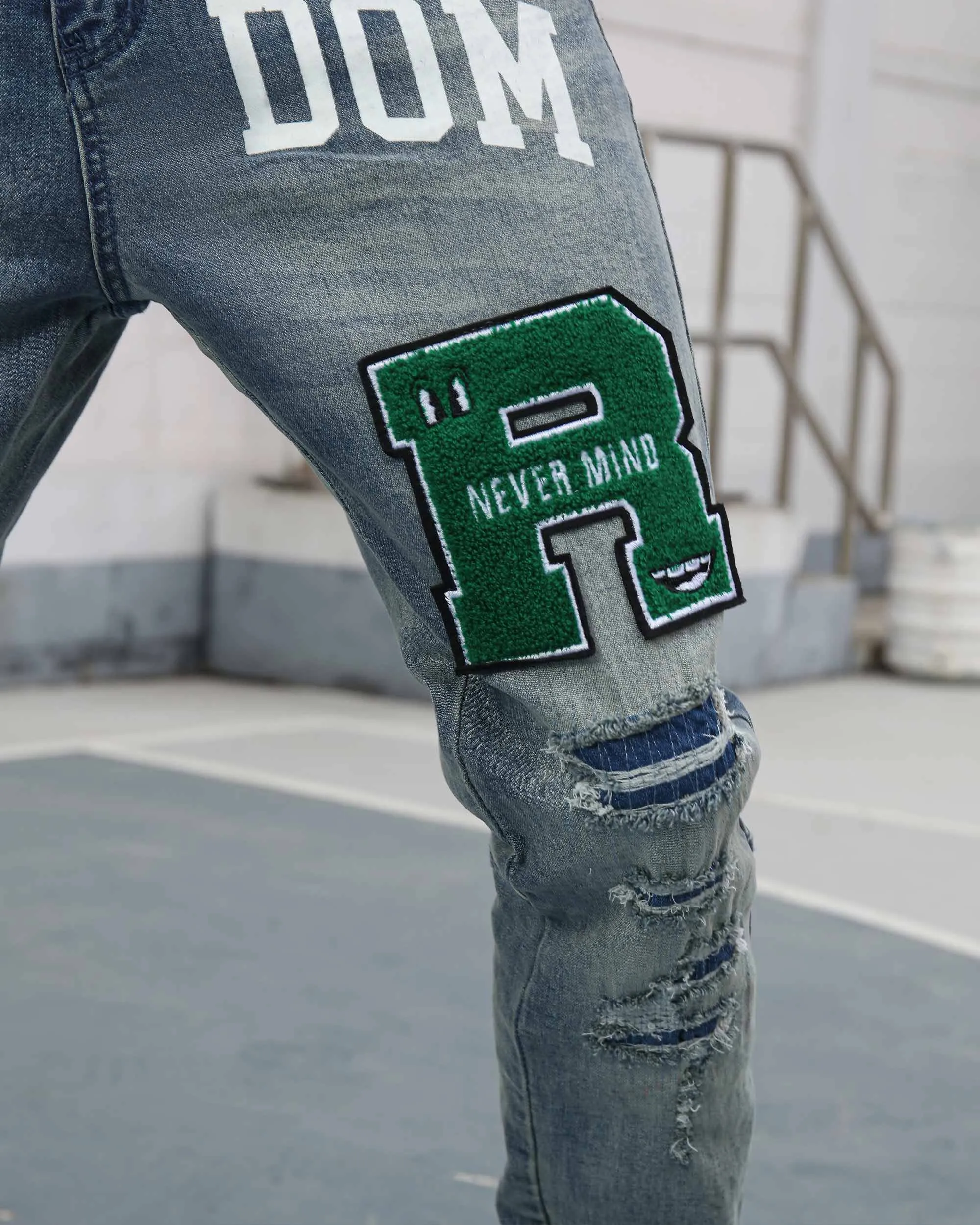 Ripped Blue Washed Edgy Jeans with Patchwork-Mexico Local Delivery