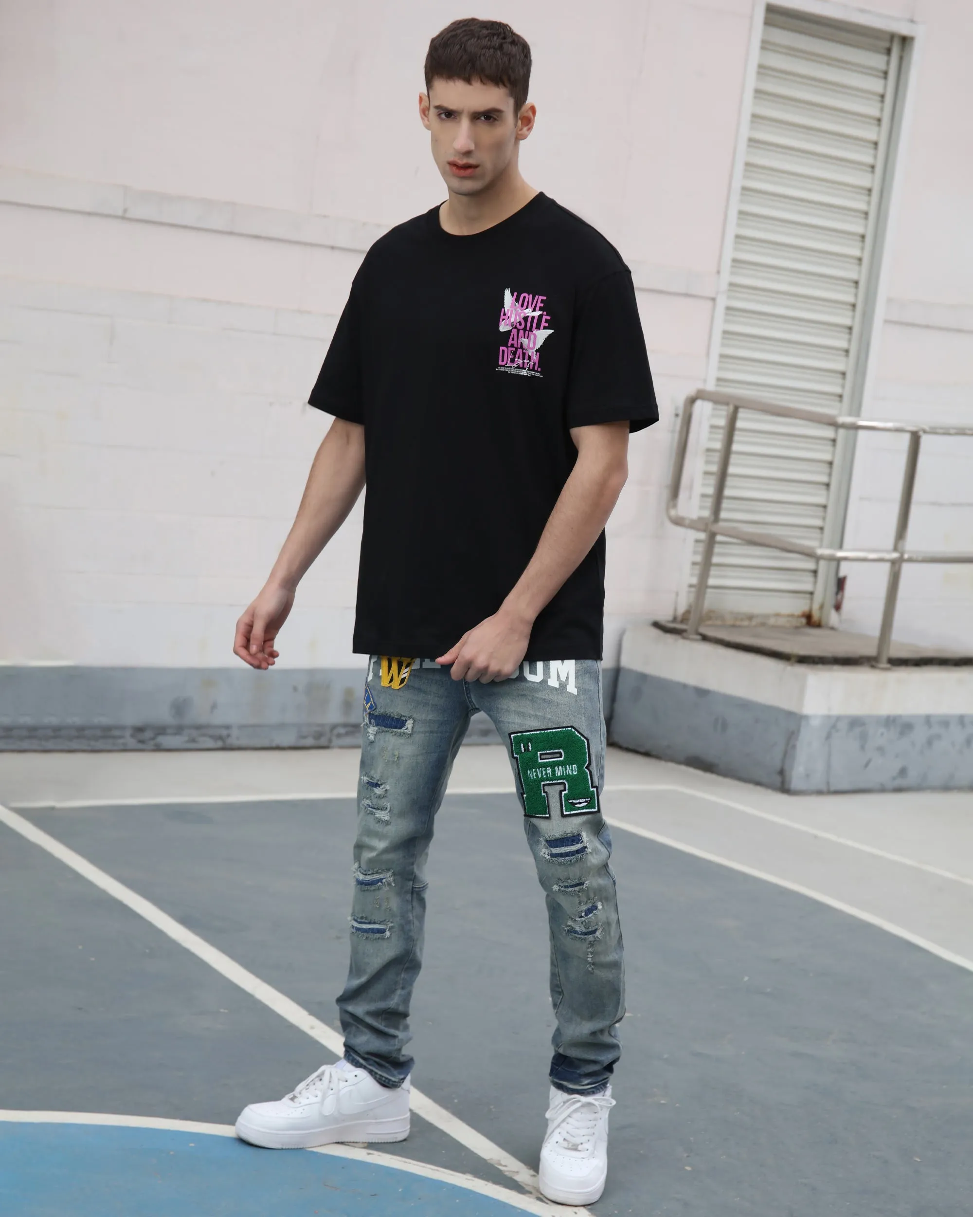 Ripped Blue Washed Edgy Jeans with Patchwork-Mexico Local Delivery