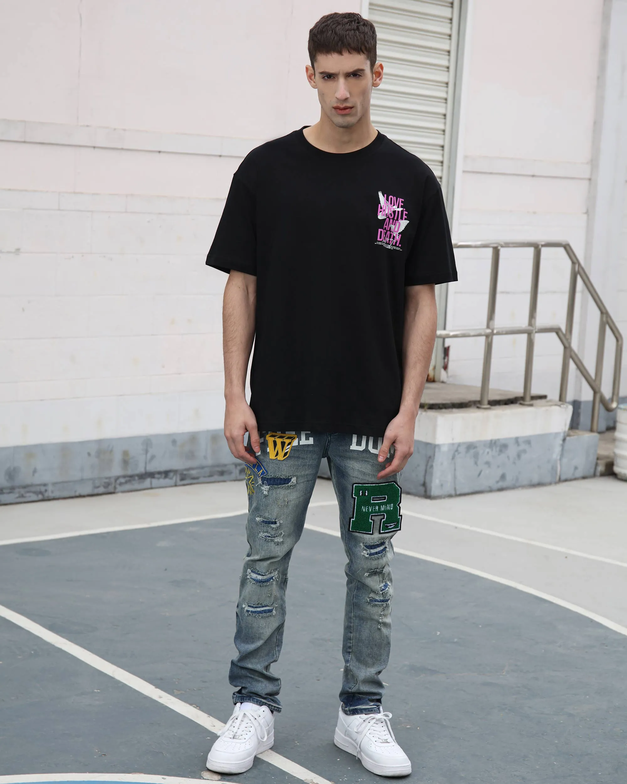 Ripped Blue Washed Edgy Jeans with Patchwork-Mexico Local Delivery