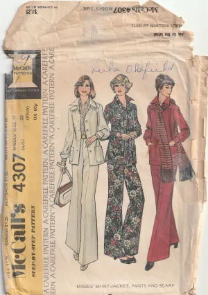 Shirt Jacket, Bell Bottoms & Scarf - Bust 97 cm - Vintage Pattern - McCalls 4307 - 1974