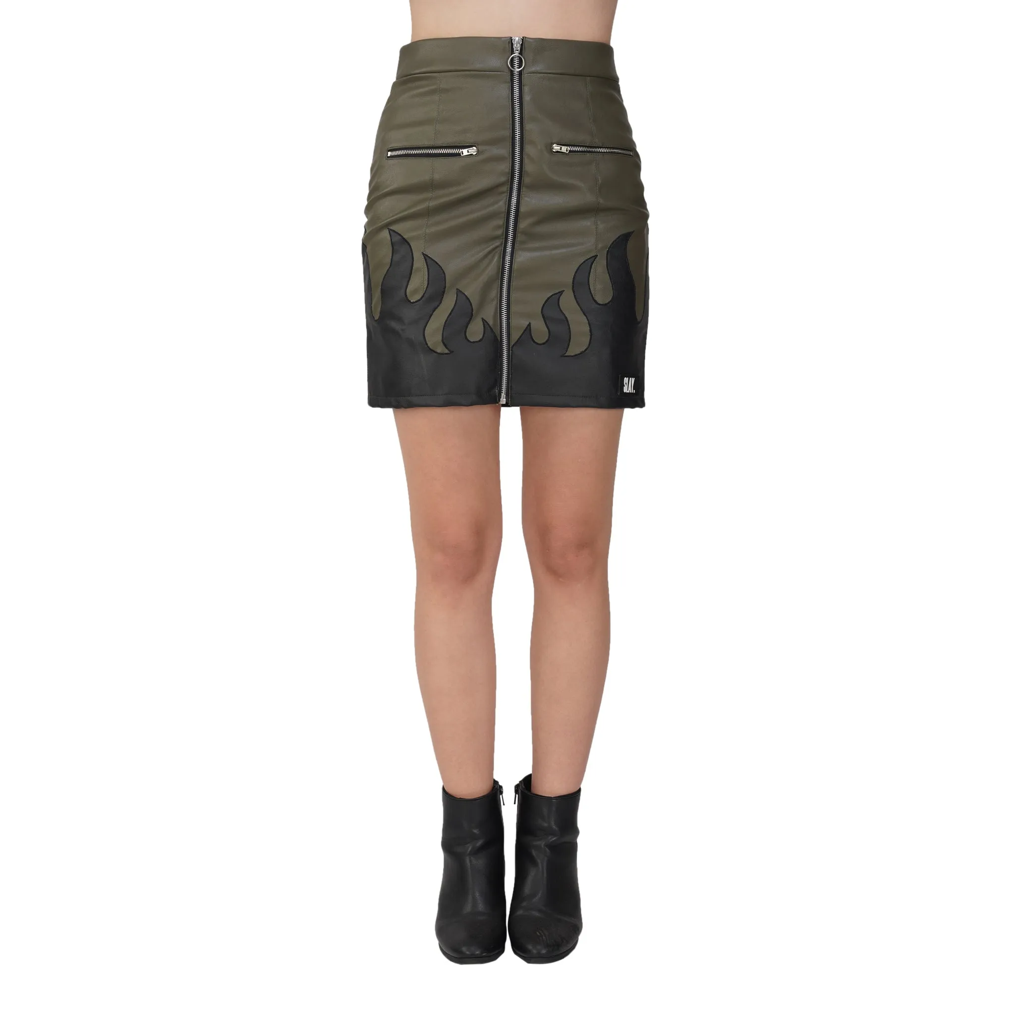 SLAY. Women's Faux Leather Flame Mini Skirt Olive & Black