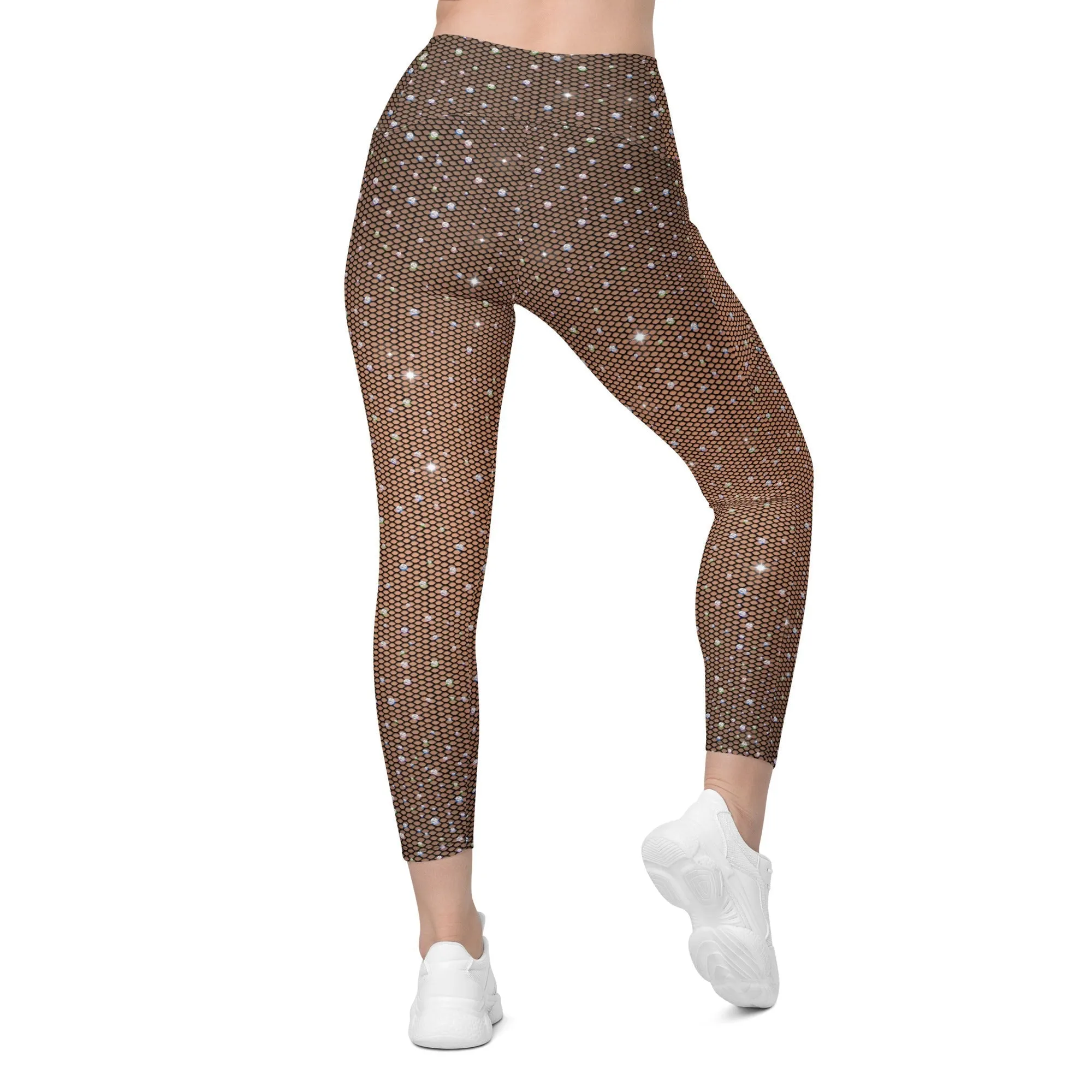 Sparkle Fishnet Print Crossover Leggings With Pockets