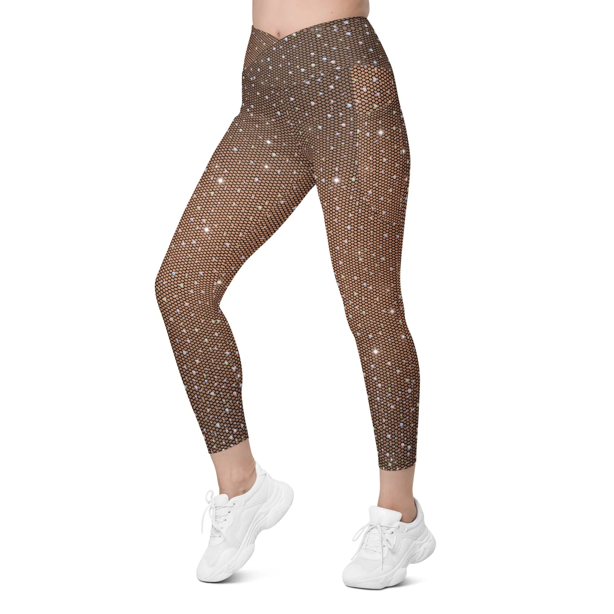 Sparkle Fishnet Print Crossover Leggings With Pockets