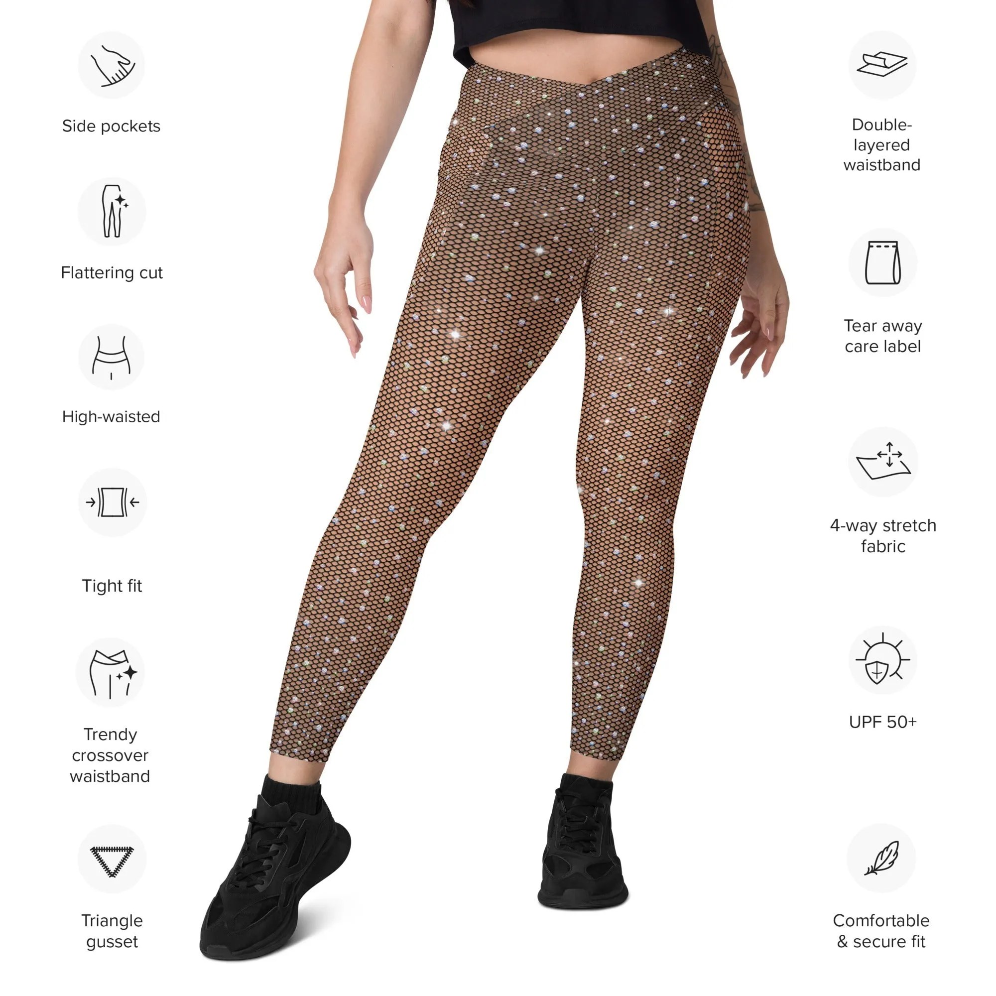 Sparkle Fishnet Print Crossover Leggings With Pockets