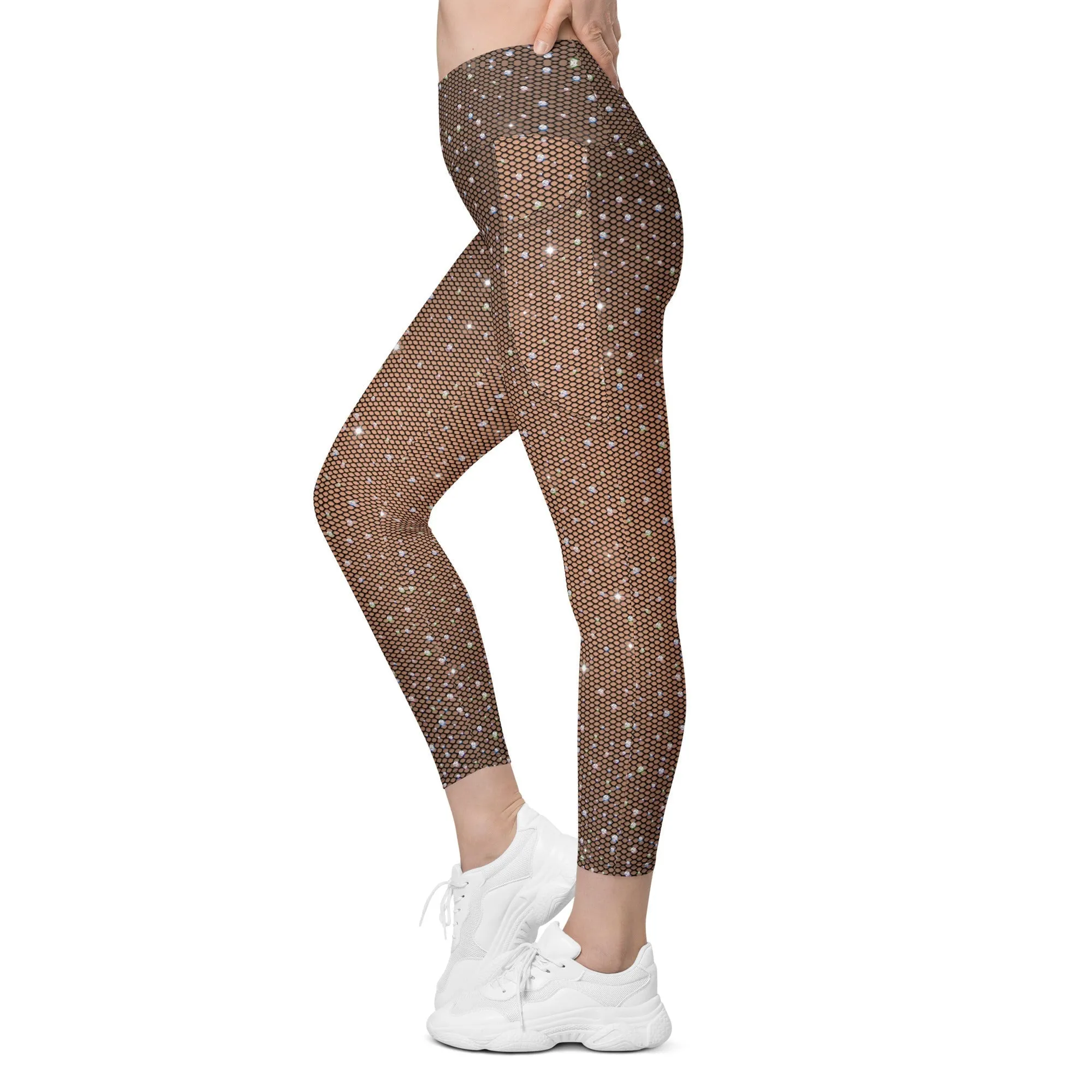Sparkle Fishnet Print Crossover Leggings With Pockets