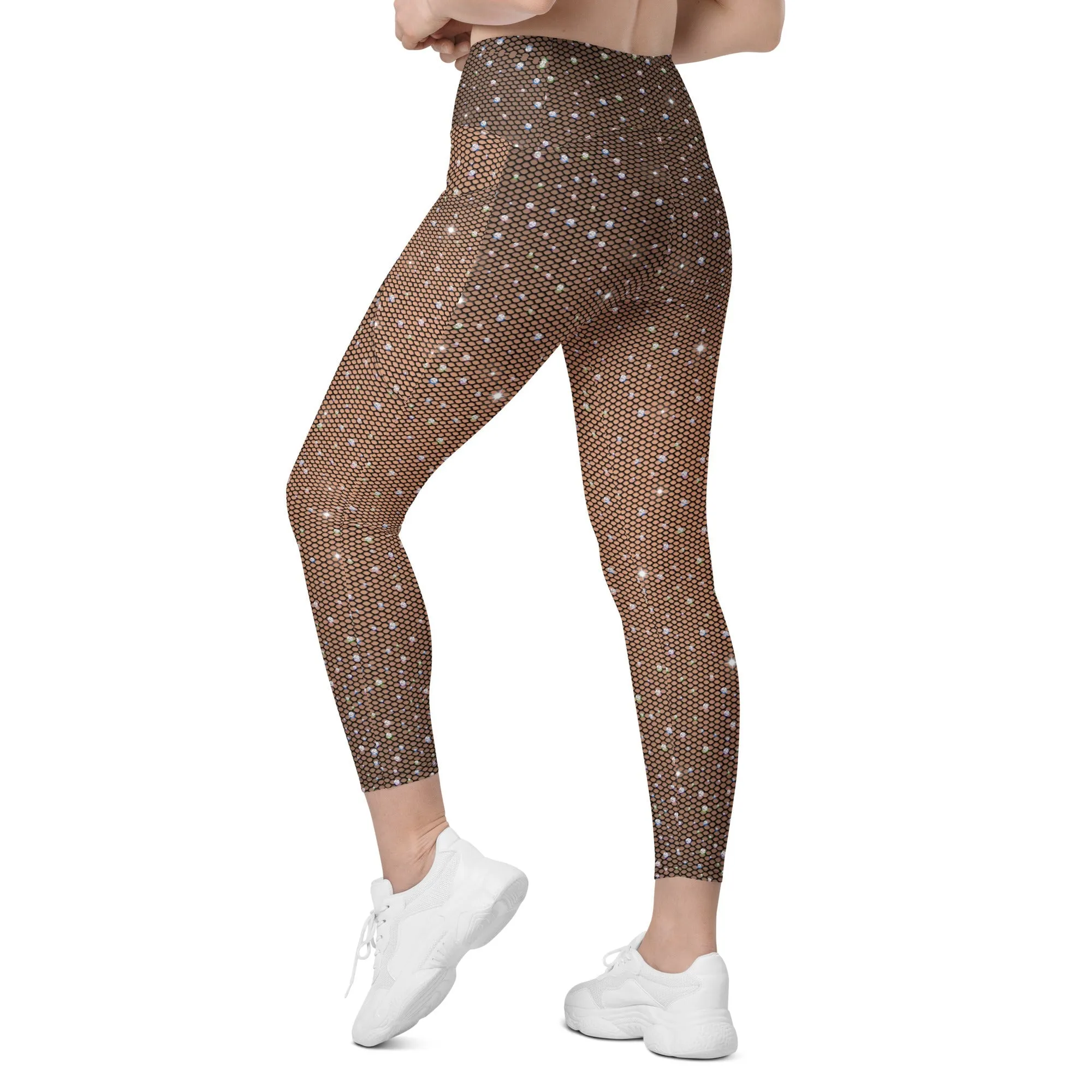 Sparkle Fishnet Print Crossover Leggings With Pockets