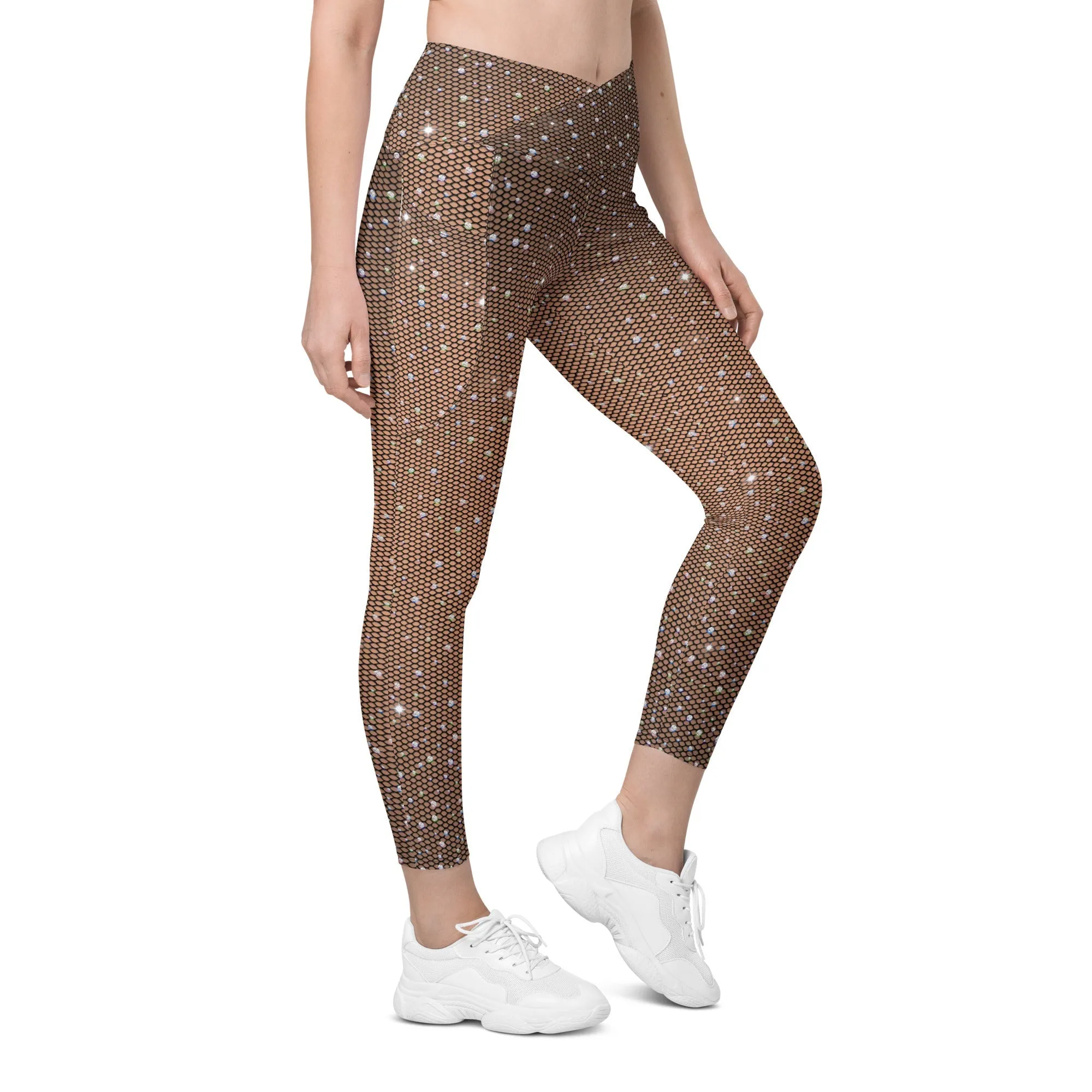 Sparkle Fishnet Print Crossover Leggings With Pockets