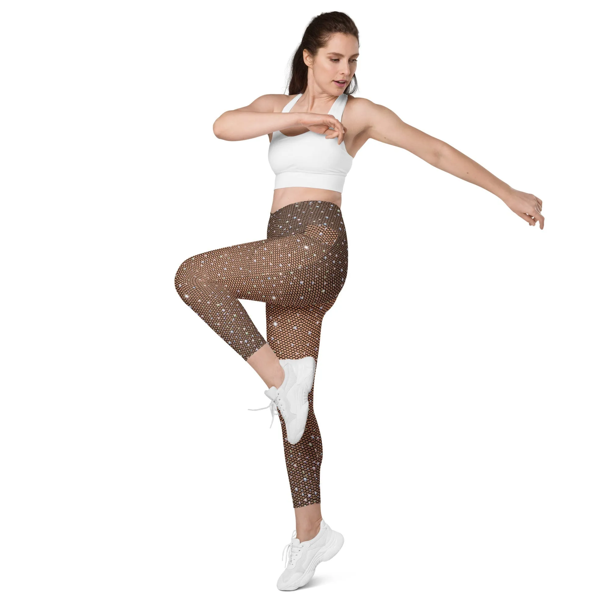 Sparkle Fishnet Print Crossover Leggings With Pockets