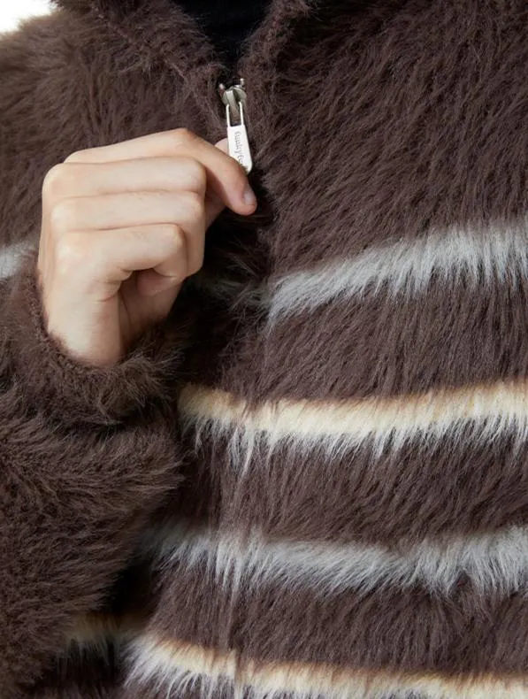 Stripe Fuzzy Zip Hooded Lightweight Jacket