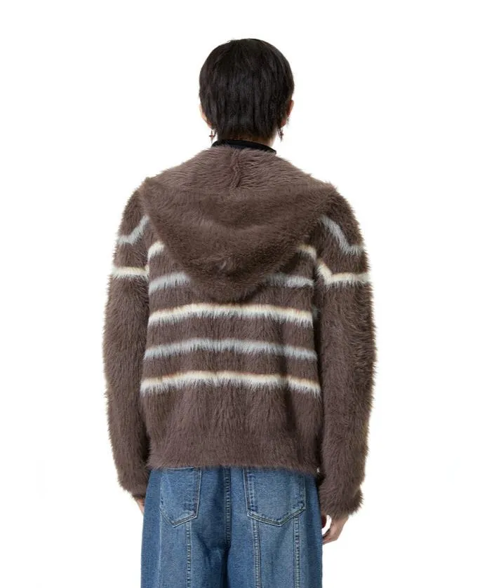 Stripe Fuzzy Zip Hooded Lightweight Jacket