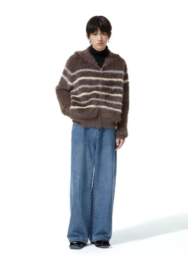 Stripe Fuzzy Zip Hooded Lightweight Jacket
