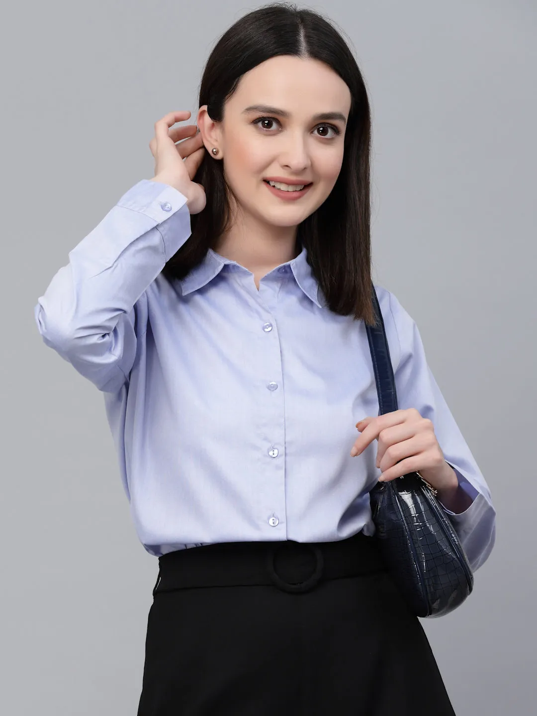 Style Quotients Women Solid Blue Chambray Formal Shirt