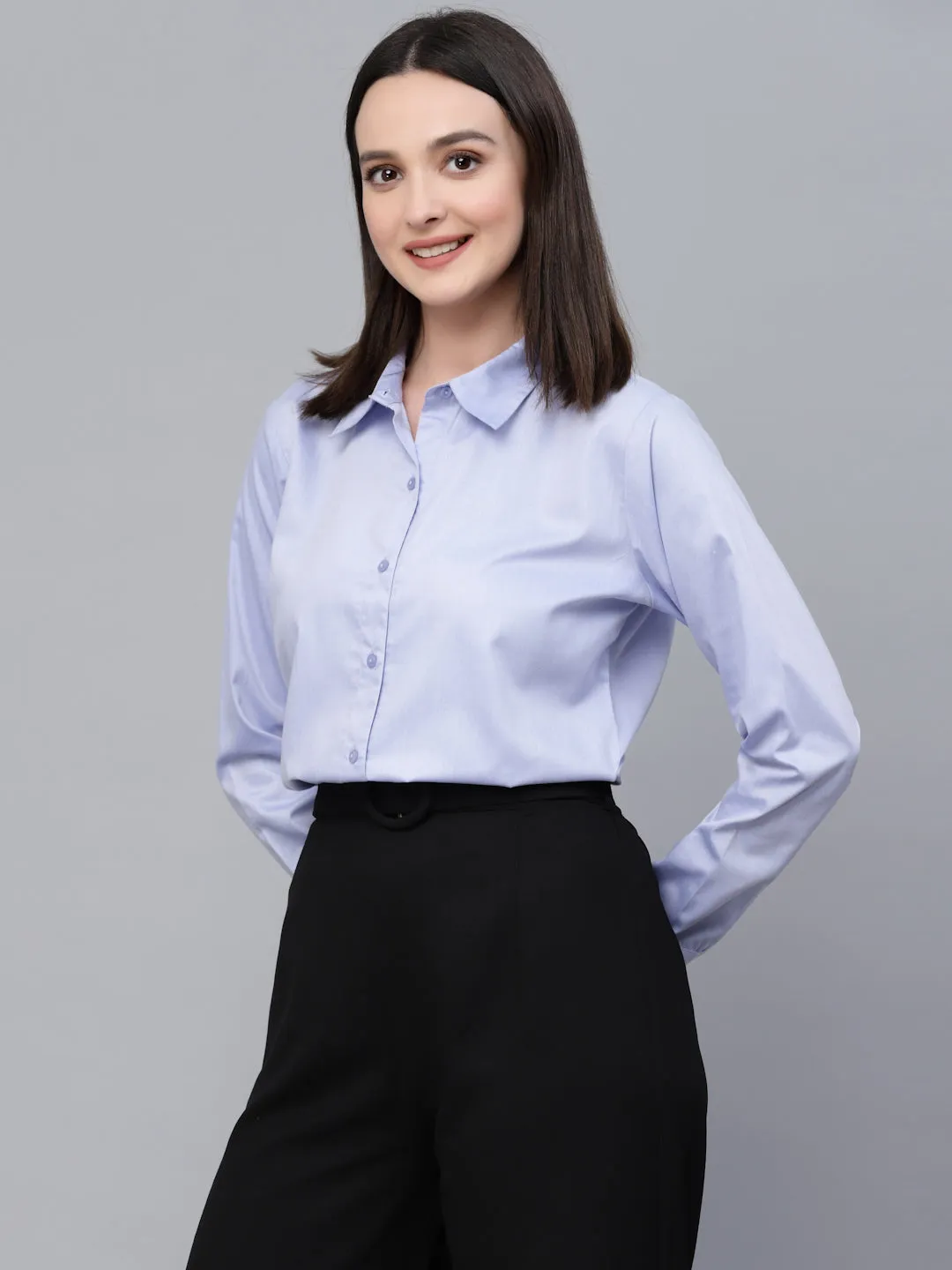 Style Quotients Women Solid Blue Chambray Formal Shirt