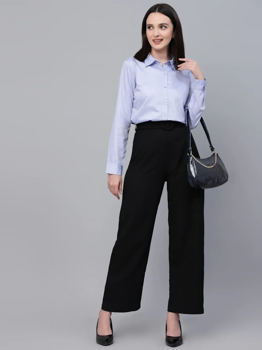 Style Quotients Women Solid Blue Chambray Formal Shirt