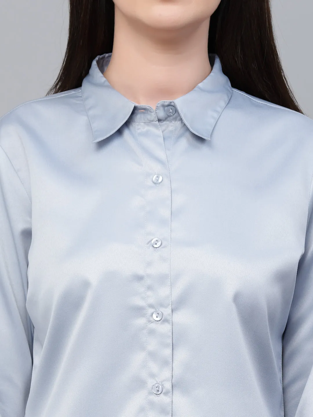 Style Quotients Women Solid Light Grey Satin Formal Shirt