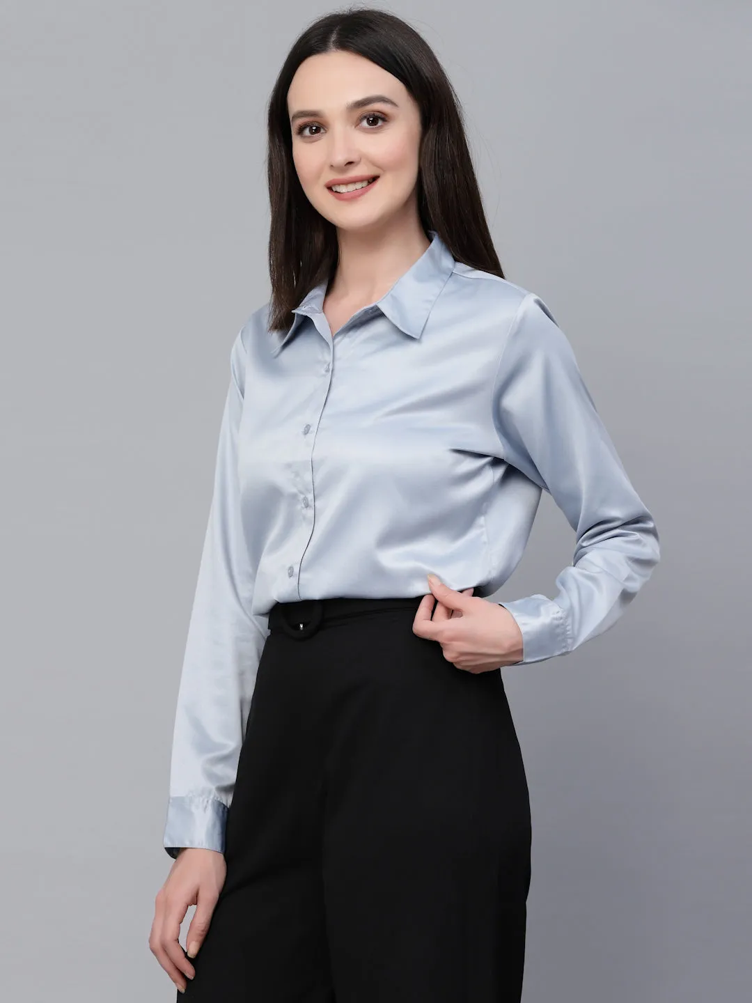 Style Quotients Women Solid Light Grey Satin Formal Shirt