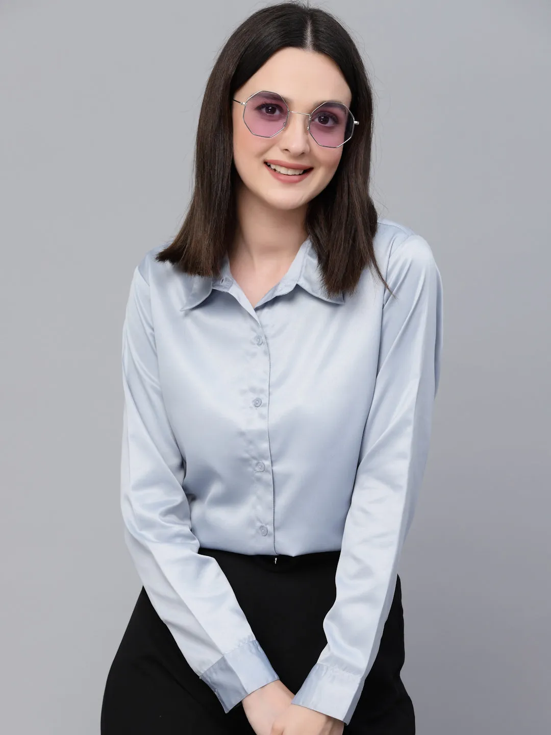 Style Quotients Women Solid Light Grey Satin Formal Shirt