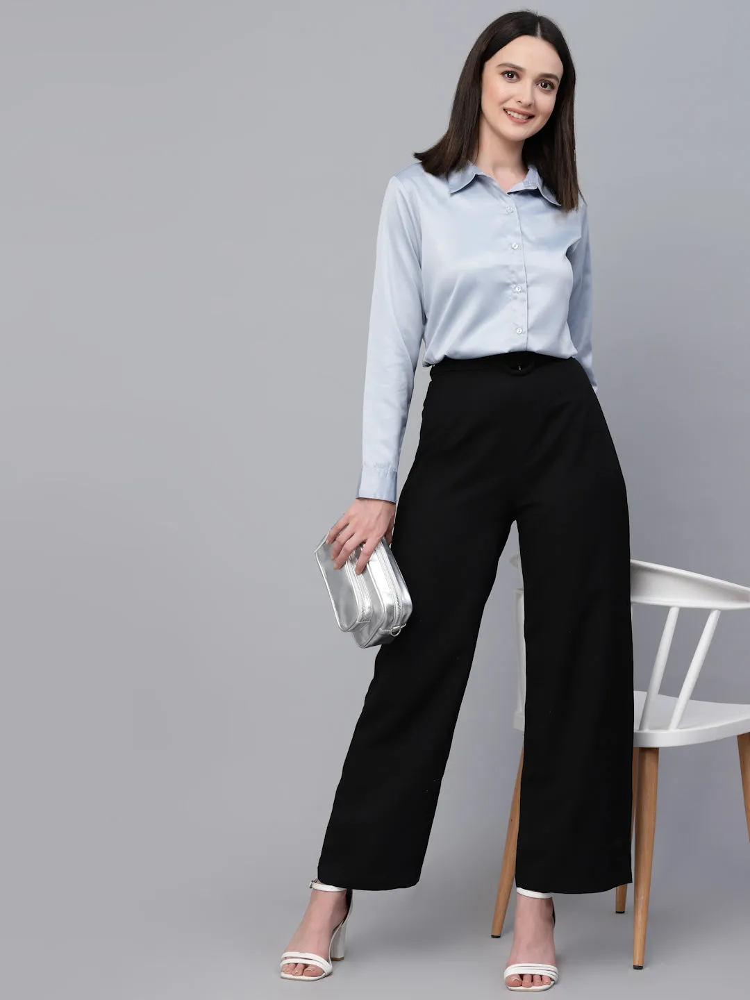 Style Quotients Women Solid Light Grey Satin Formal Shirt