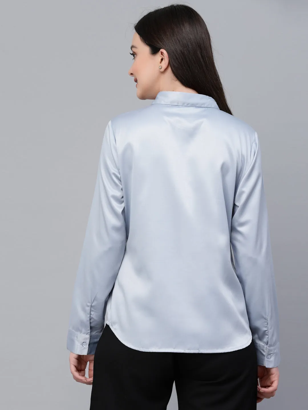 Style Quotients Women Solid Light Grey Satin Formal Shirt