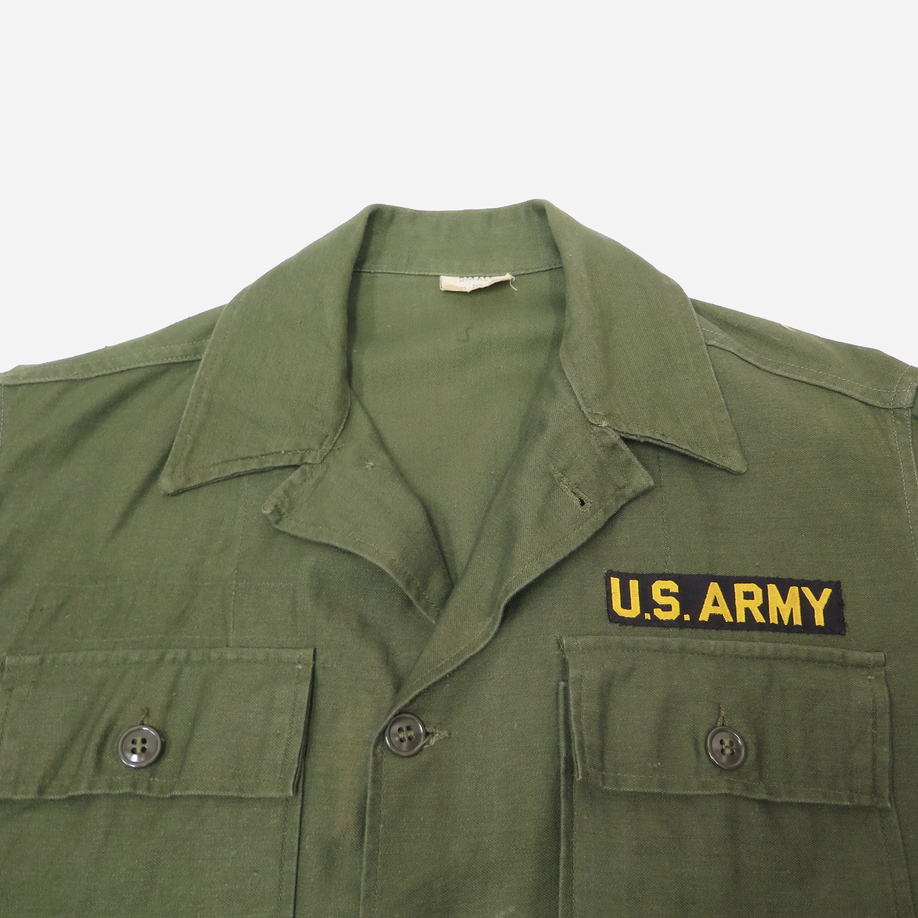 US ARMY UTILITY SHIRT P-58 P58 1960 VIETNAM WAR SPECIALIST E4 PATCH SIZE SMALL