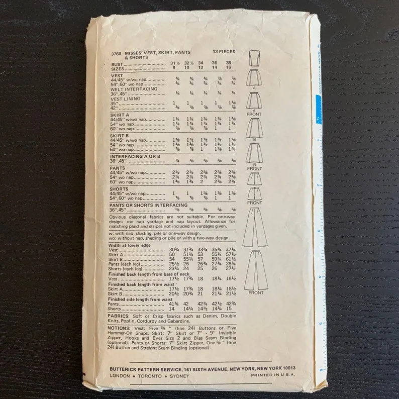 Vintage 1970s Butterick Sewing Pattern 3760, 70s Misses' Skirt/ Vest/ Flared Pants/ Shorts, Bust 31.5"