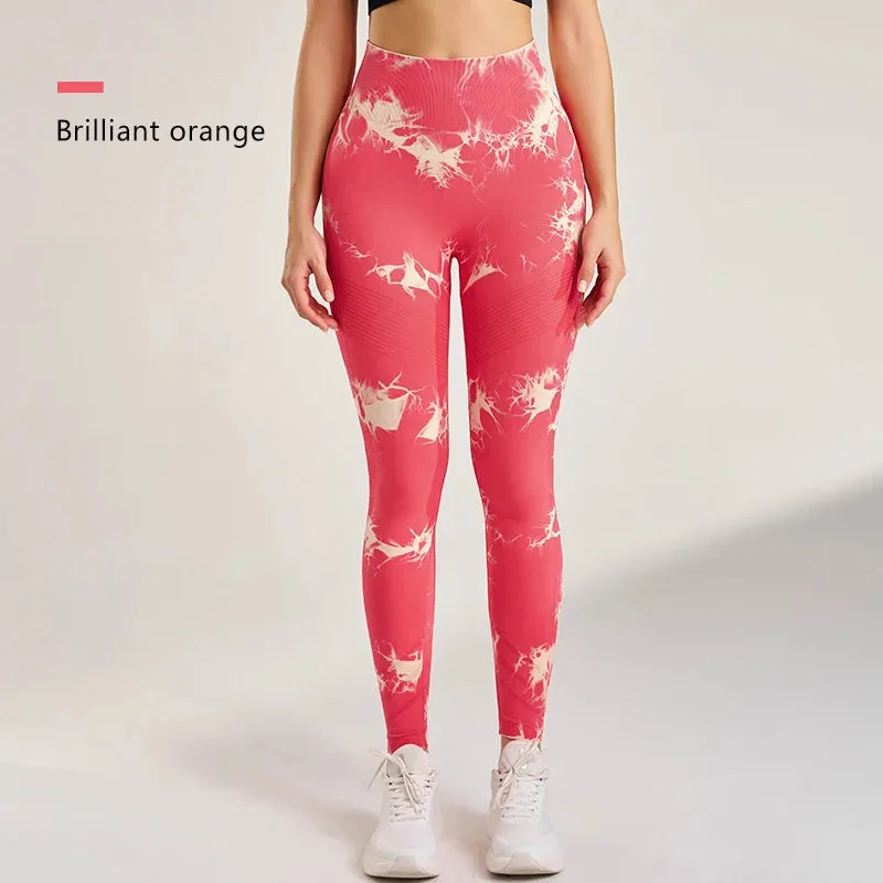 Women's Seamless Tie-Dye Fitness Leggings High Waisted Tummy Tuck Push-Up Yoga Leggings Stretchy Exercise Leggings