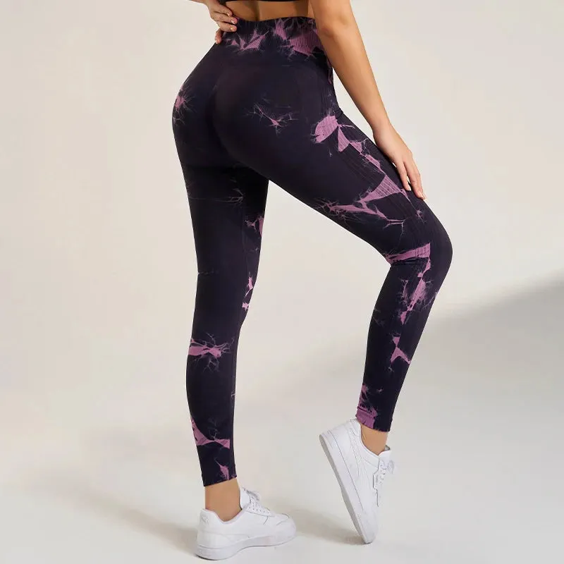 Women's Seamless Tie-Dye Fitness Leggings High Waisted Tummy Tuck Push-Up Yoga Leggings Stretchy Exercise Leggings