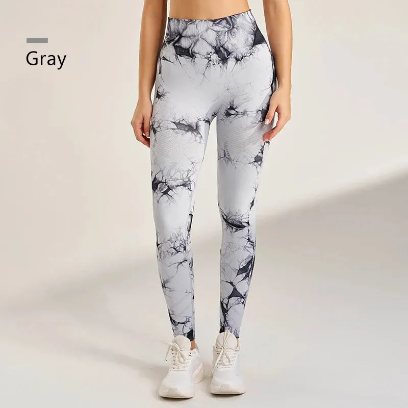 Women's Seamless Tie-Dye Fitness Leggings High Waisted Tummy Tuck Push-Up Yoga Leggings Stretchy Exercise Leggings