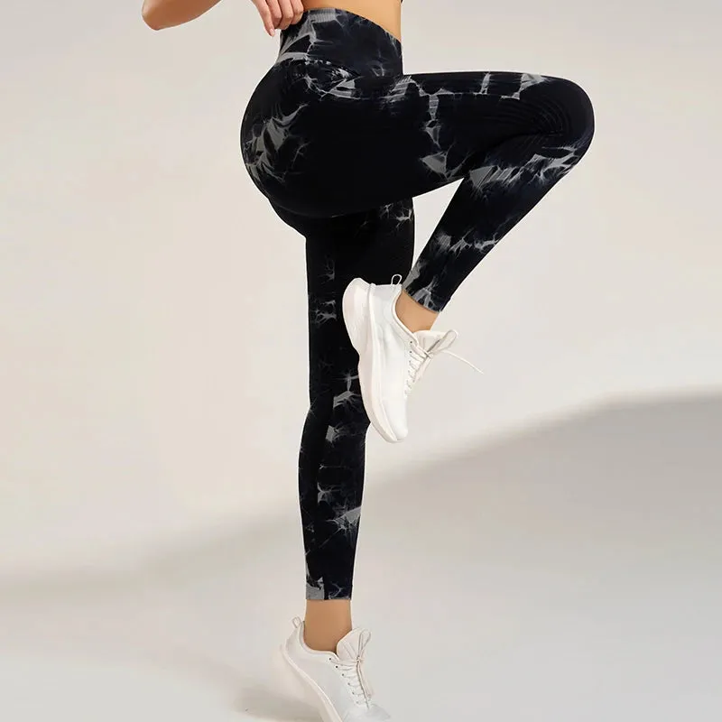 Women's Seamless Tie-Dye Fitness Leggings High Waisted Tummy Tuck Push-Up Yoga Leggings Stretchy Exercise Leggings