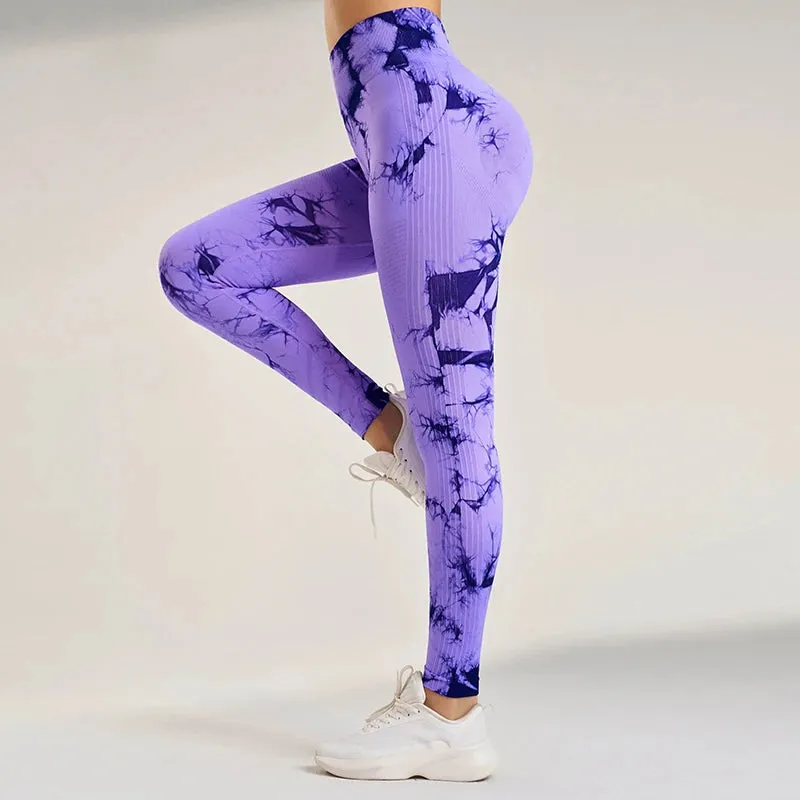 Women's Seamless Tie-Dye Fitness Leggings High Waisted Tummy Tuck Push-Up Yoga Leggings Stretchy Exercise Leggings