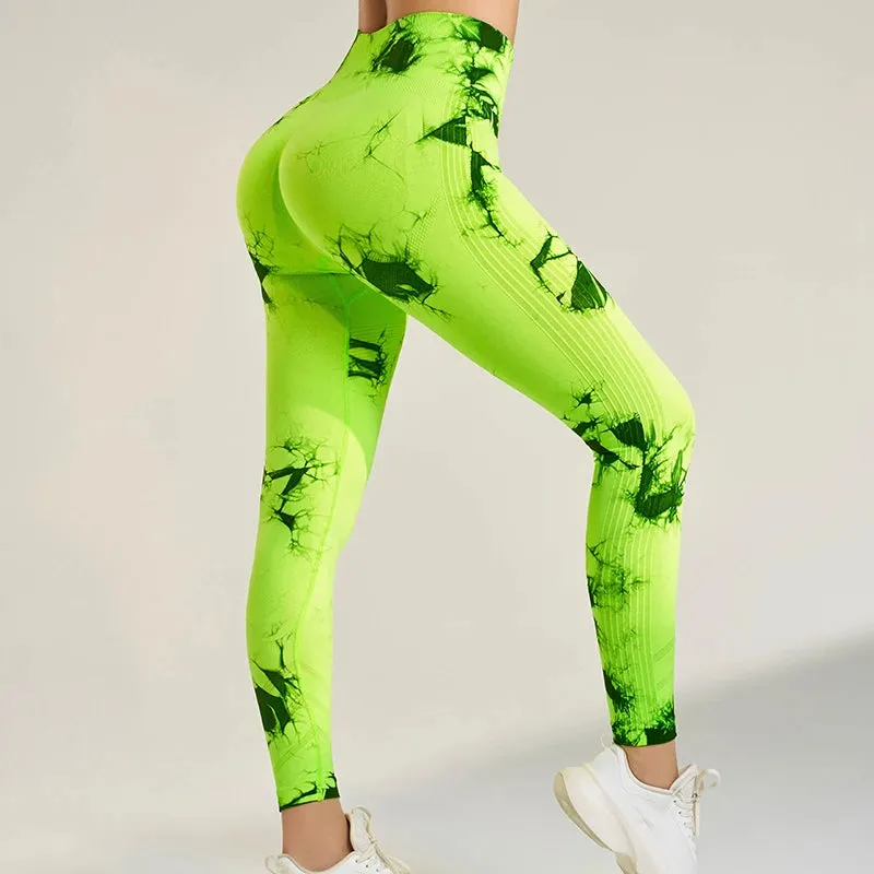Women's Seamless Tie-Dye Fitness Leggings High Waisted Tummy Tuck Push-Up Yoga Leggings Stretchy Exercise Leggings