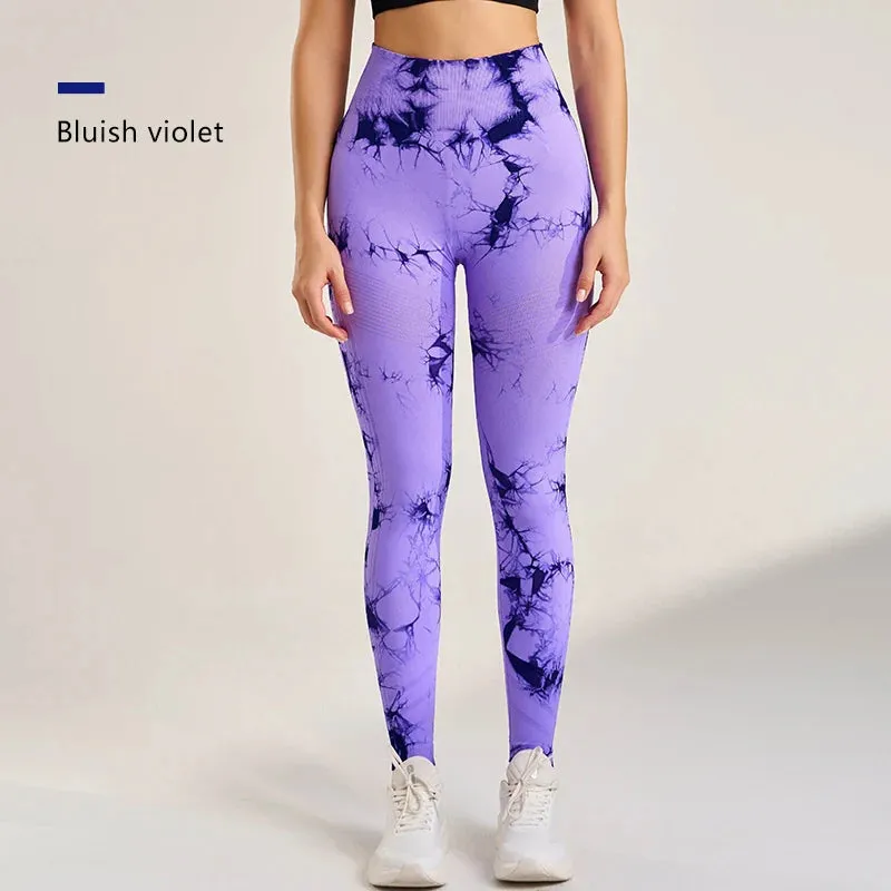 Women's Seamless Tie-Dye Fitness Leggings High Waisted Tummy Tuck Push-Up Yoga Leggings Stretchy Exercise Leggings