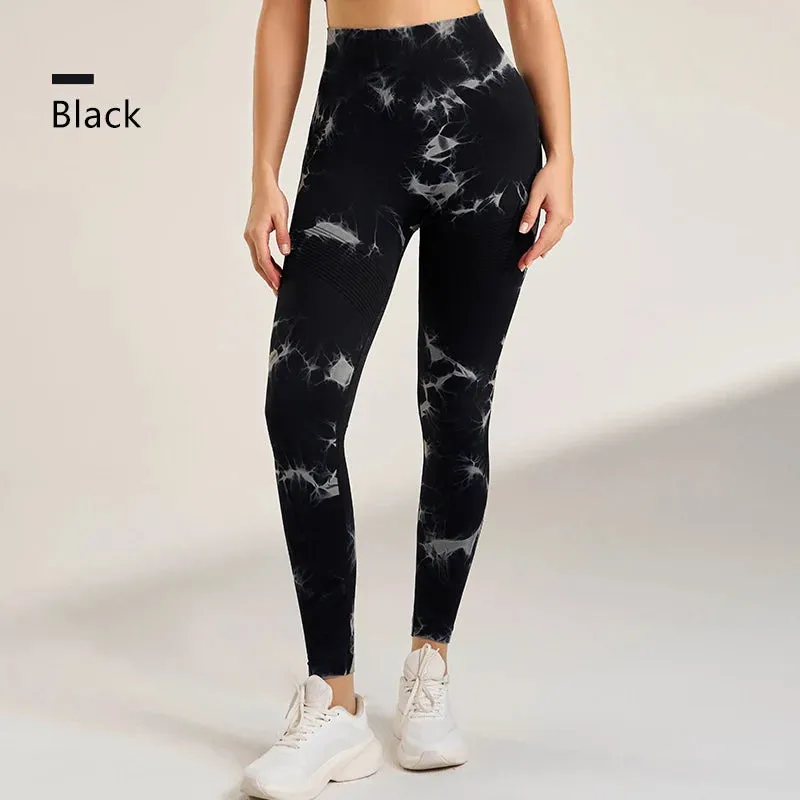 Women's Seamless Tie-Dye Fitness Leggings High Waisted Tummy Tuck Push-Up Yoga Leggings Stretchy Exercise Leggings