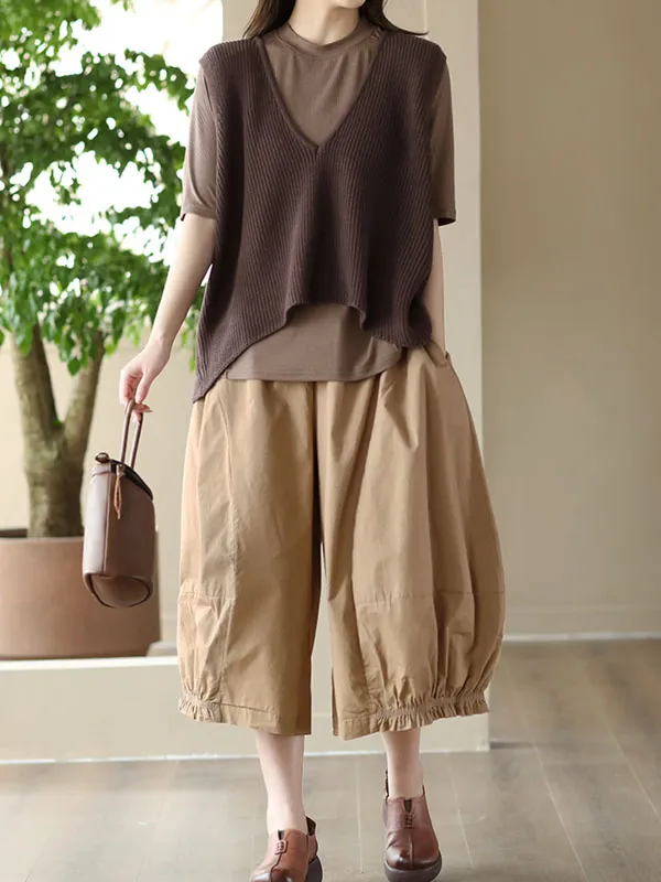 xakxx Cropped Pleated Wide Leg Casual Pants Bottoms