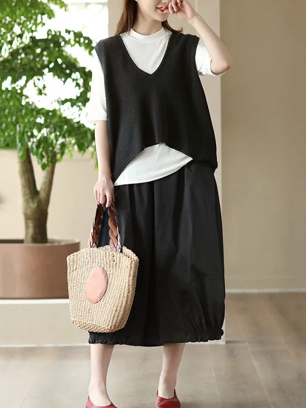 xakxx Cropped Pleated Wide Leg Casual Pants Bottoms