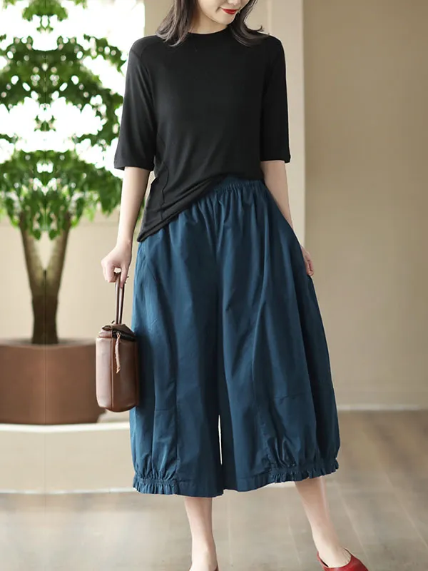 xakxx Cropped Pleated Wide Leg Casual Pants Bottoms