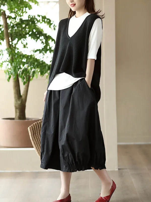 xakxx Cropped Pleated Wide Leg Casual Pants Bottoms