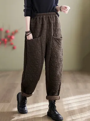 xakxx Harem Pants High Waisted Elasticity Quilted Split-Joint Pants Trousers