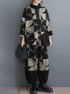 xakxx Long Sleeves Asymmetric Buttoned Printed Stand Collar Sweatshirt Top   Harem Pants Pants Bottom Two Pieces Set