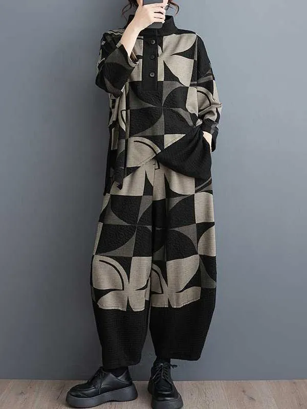 xakxx Long Sleeves Asymmetric Buttoned Printed Stand Collar Sweatshirt Top   Harem Pants Pants Bottom Two Pieces Set