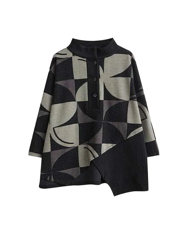 xakxx Long Sleeves Asymmetric Buttoned Printed Stand Collar Sweatshirt Top   Harem Pants Pants Bottom Two Pieces Set