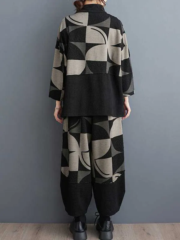 xakxx Long Sleeves Asymmetric Buttoned Printed Stand Collar Sweatshirt Top   Harem Pants Pants Bottom Two Pieces Set