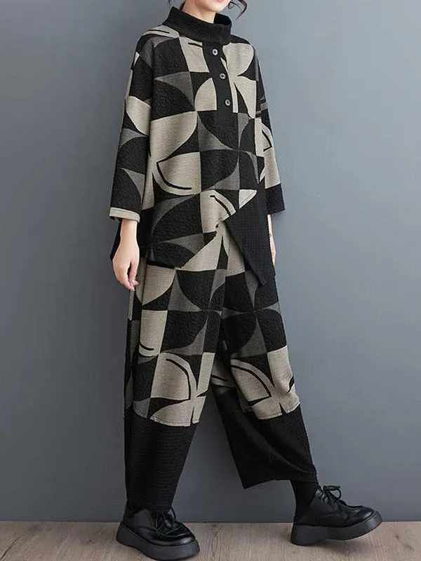 xakxx Long Sleeves Asymmetric Buttoned Printed Stand Collar Sweatshirt Top   Harem Pants Pants Bottom Two Pieces Set