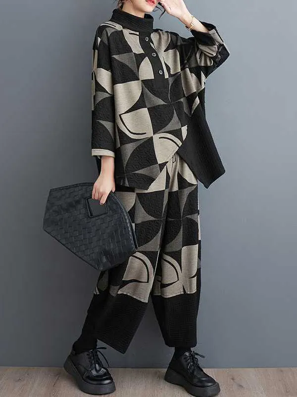 xakxx Long Sleeves Asymmetric Buttoned Printed Stand Collar Sweatshirt Top   Harem Pants Pants Bottom Two Pieces Set