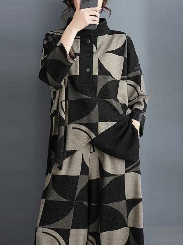 xakxx Long Sleeves Asymmetric Buttoned Printed Stand Collar Sweatshirt Top   Harem Pants Pants Bottom Two Pieces Set