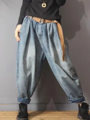 xakxx Vintage Denim Loose Elastic Waist Bloomers Pants